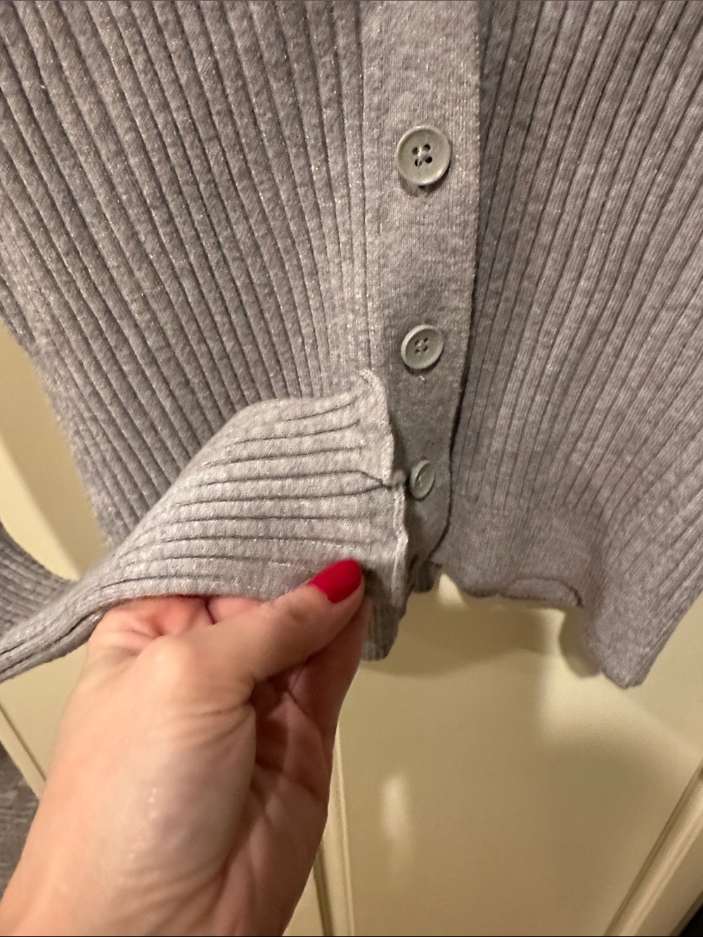 Good American Ribbed V-Neck Button Cardigan - Gray - Picture 4 of 7